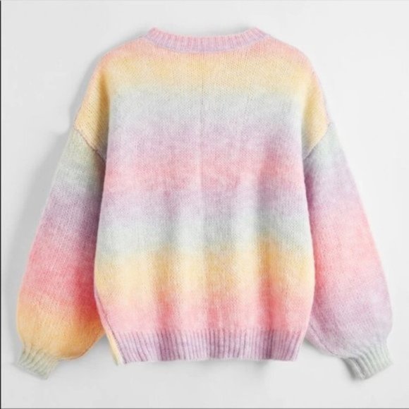 Multi Cable Knit Tie Dye Drop Shoulder Ombre Sweater Sz L New - Picture 3 of 4